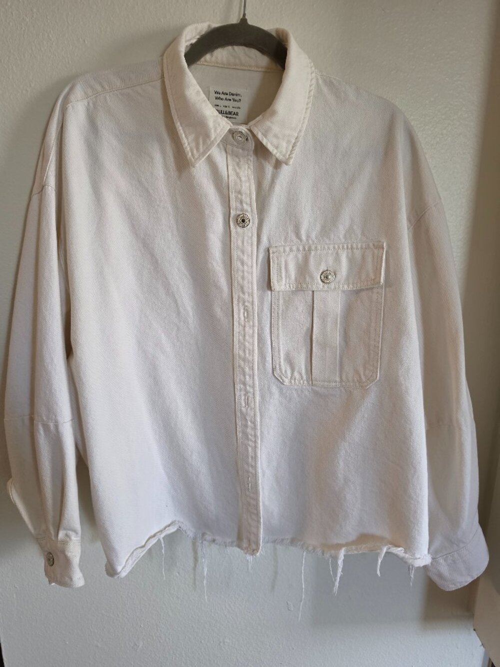 Pull&Bear White Cropped Denim Shacket Raw Hem L